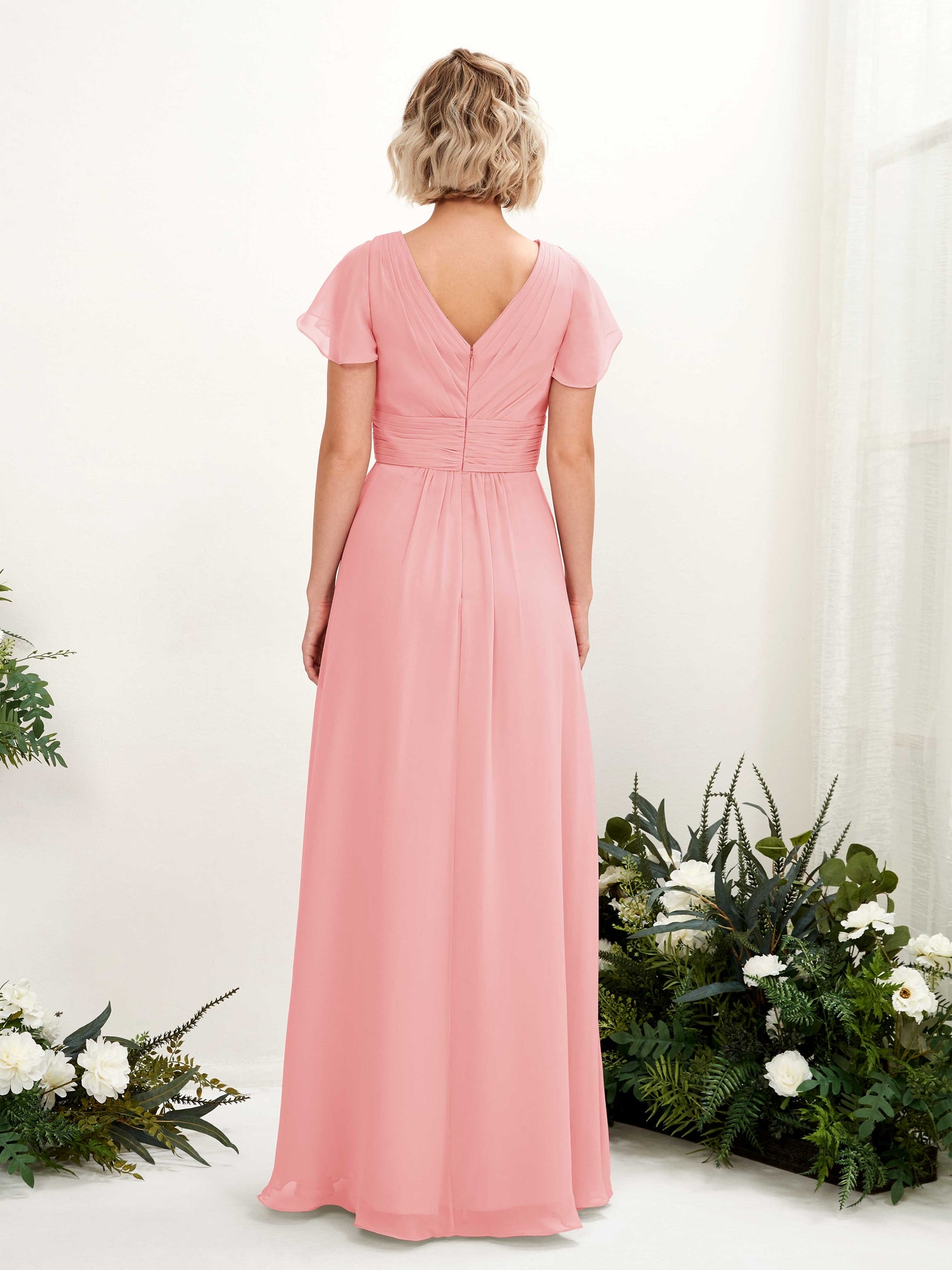 Ballet Pink Bridesmaid Dresses Bridesmaid Dress A-line Chiffon V-neck Full Length Short Sleeves Wedding Party Dress (81224340)#color_ballet-pink
