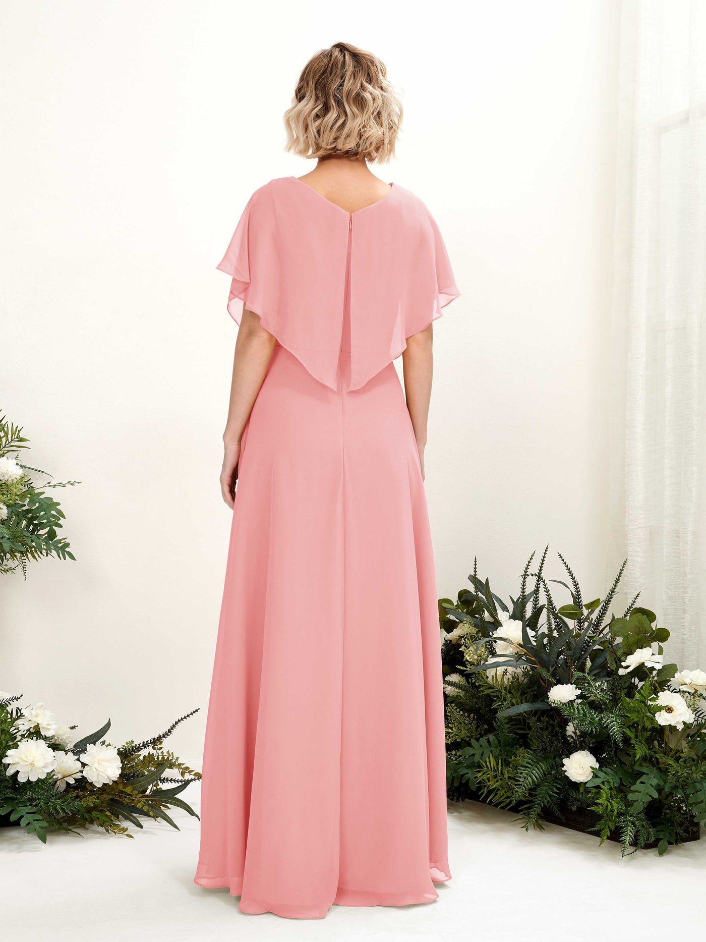 Ballet Pink Bridesmaid Dresses Bridesmaid Dress A-line Chiffon V-neck Full Length Short Sleeves Wedding Party Dress (81222140)#color_ballet-pink
