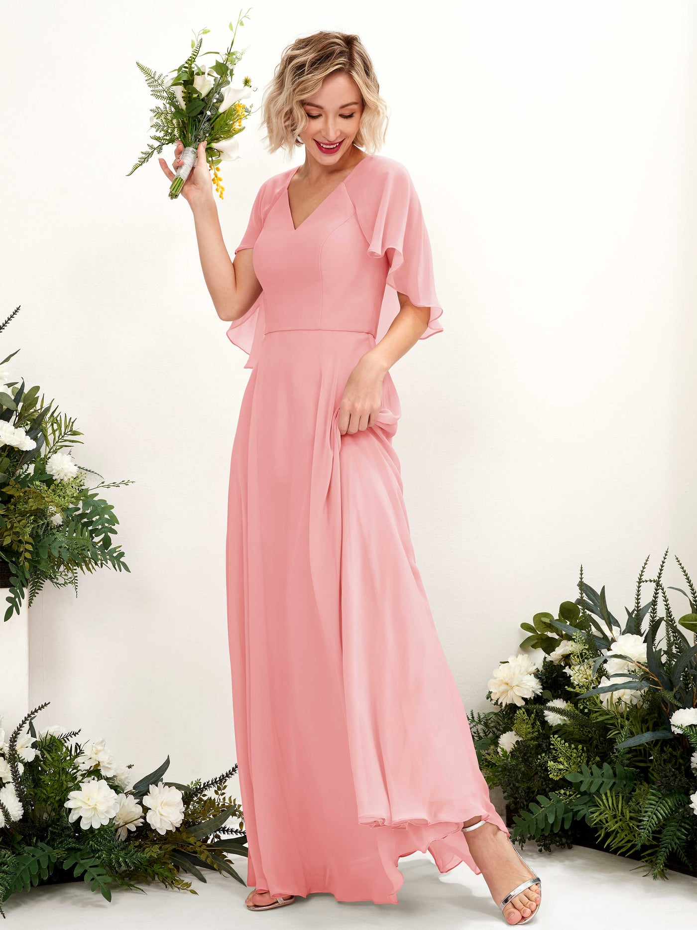 Ballet Pink Bridesmaid Dresses Bridesmaid Dress A-line Chiffon V-neck Full Length Short Sleeves Wedding Party Dress (81224440)#color_ballet-pink