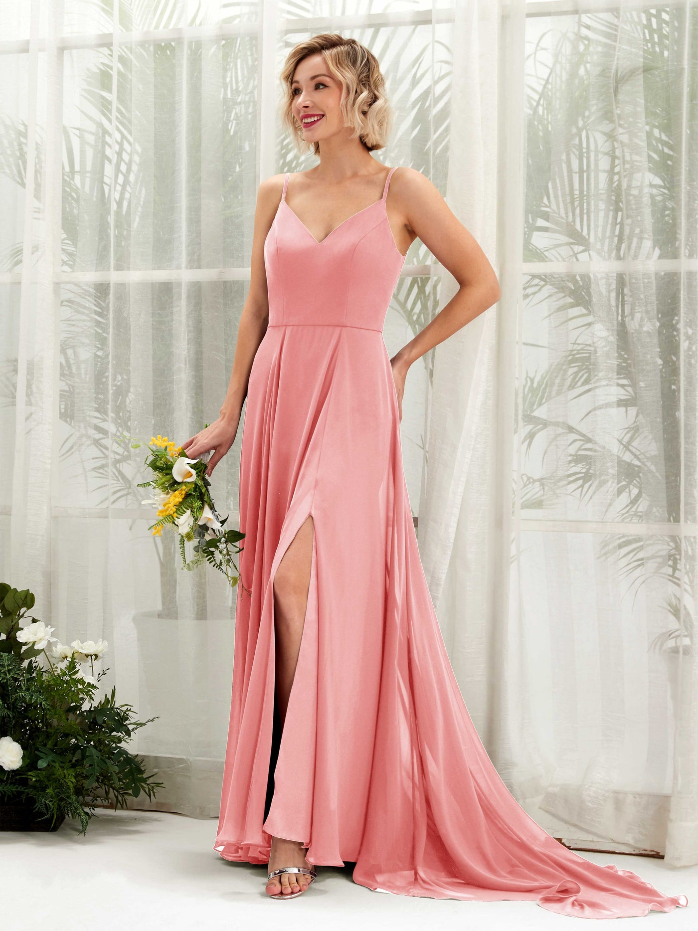 Ballet Pink Bridesmaid Dresses Bridesmaid Dress A-line Chiffon V-neck Full Length Sleeveless Wedding Party Dress (81224140)#color_ballet-pink