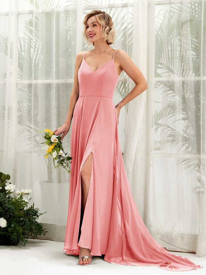 Ballet Pink Bridesmaid Dresses Bridesmaid Dress A-line Chiffon V-neck Full Length Sleeveless Wedding Party Dress (81224140)