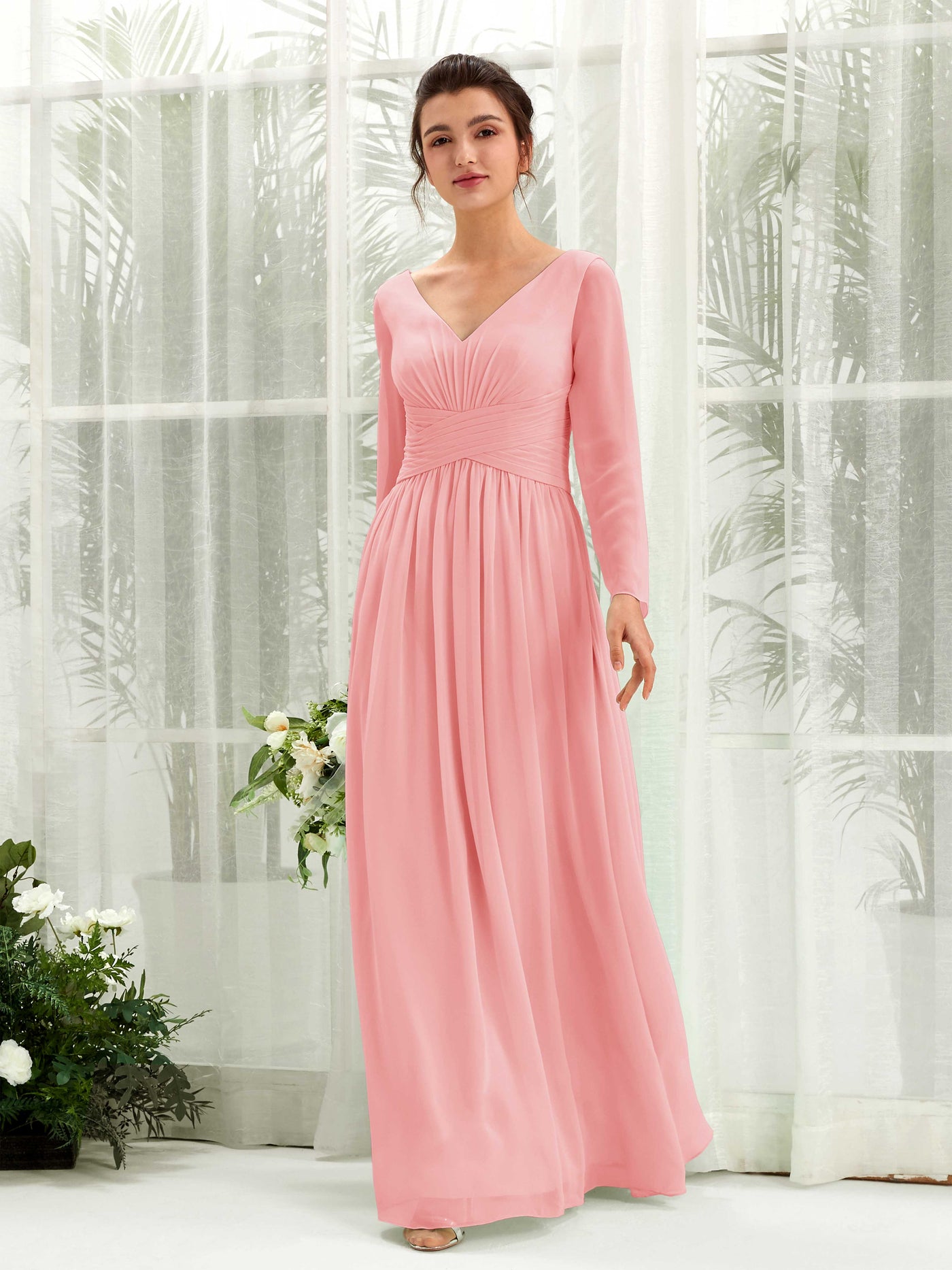 Ballet Pink Bridesmaid Dresses Bridesmaid Dress A-line Chiffon V-neck Full Length Long Sleeves Wedding Party Dress (81220340)#color_ballet-pink