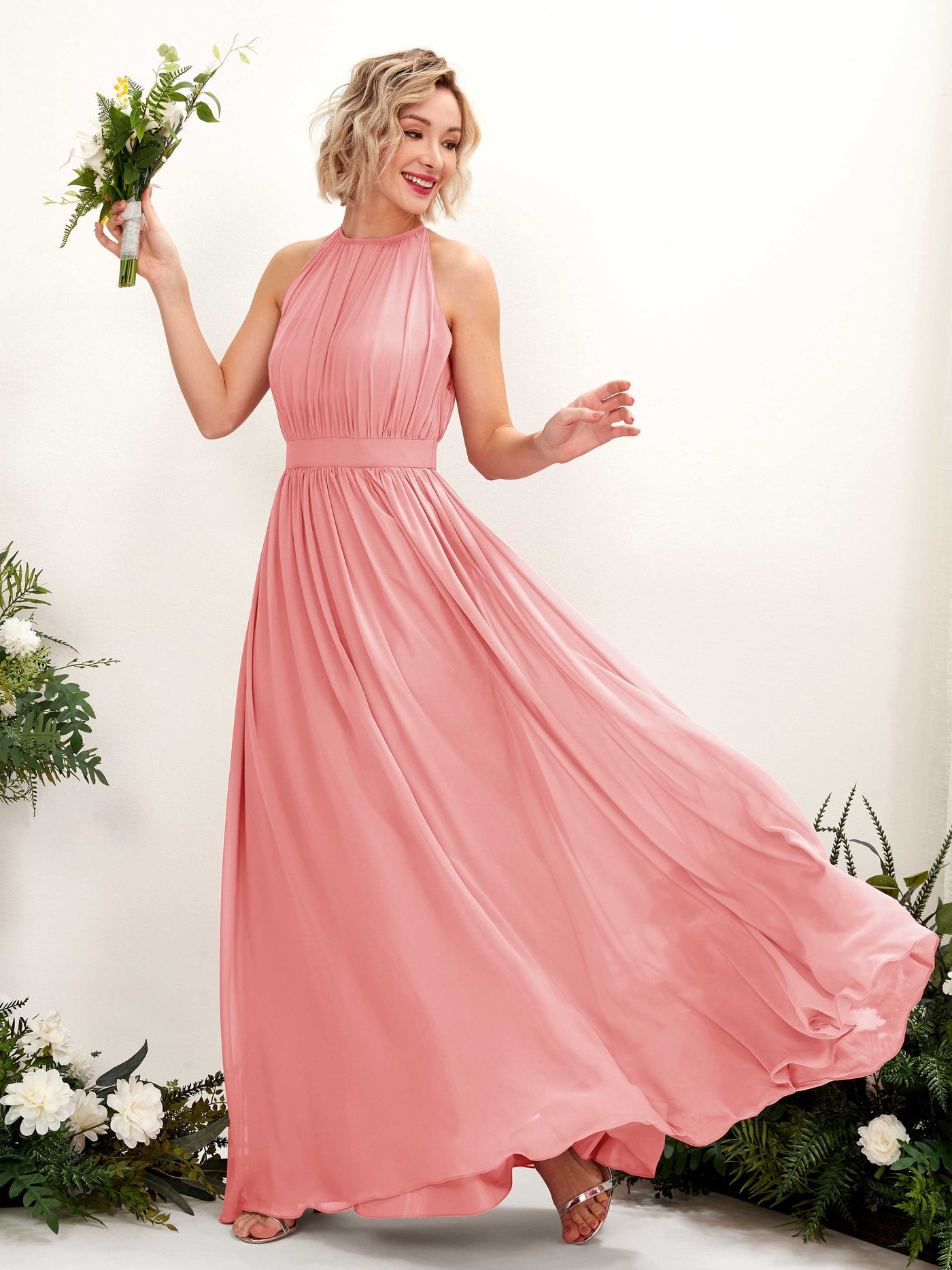 Ballet Pink Bridesmaid Dresses Bridesmaid Dress A-line Chiffon Halter Full Length Sleeveless Wedding Party Dress (81223140)#color_ballet-pink