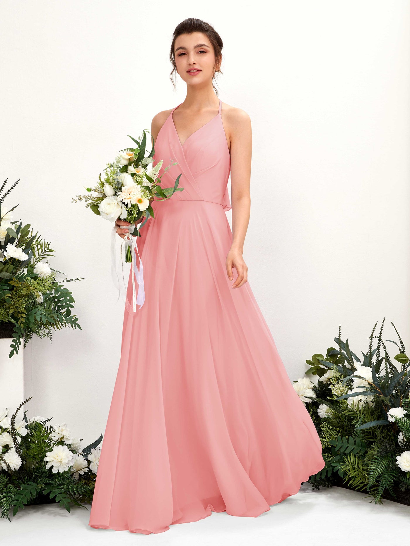Halter V-neck Sleeveless Chiffon Bridesmaid Dress - Ballet Pink (81221040)#color_ballet-pink