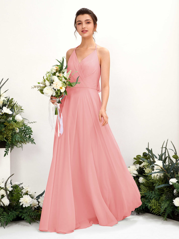 Halter V-neck Sleeveless Chiffon Bridesmaid Dress - Ballet Pink (81221040)