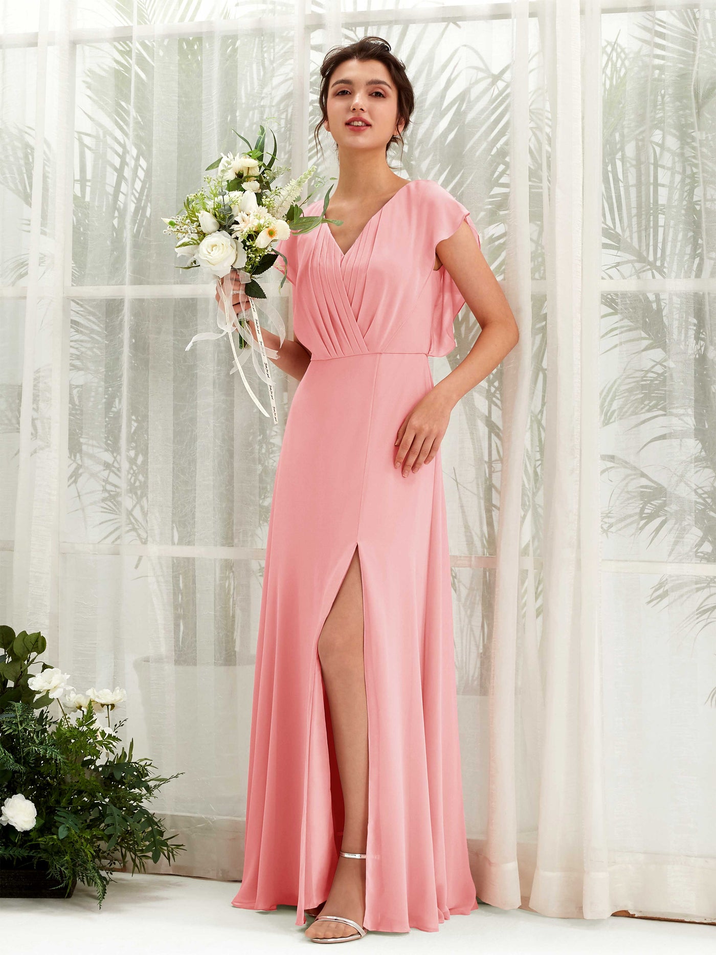 Ballet Pink Bridesmaid Dresses Bridesmaid Dress A-line Chiffon V-neck Full Length Short Sleeves Wedding Party Dress (81225640)#color_ballet-pink