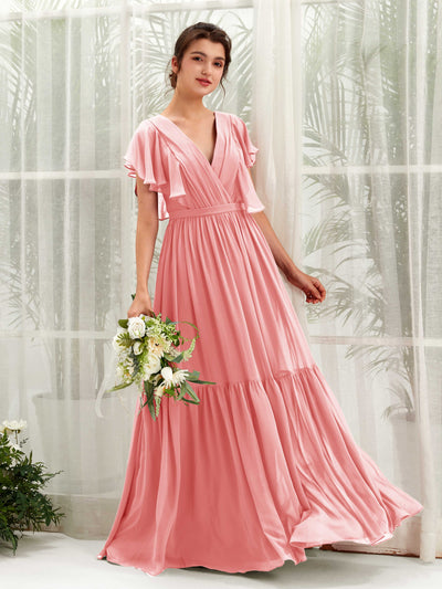 Ballet Pink Bridesmaid Dresses Bridesmaid Dress A-line Chiffon V-neck Full Length Short Sleeves Wedding Party Dress (81225940)#color_ballet-pink