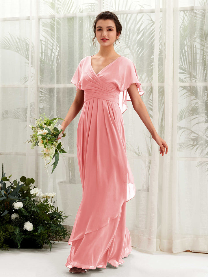 Open back V-neck Short Sleeves Chiffon Bridesmaid Dress - Ballet Pink (81226140)