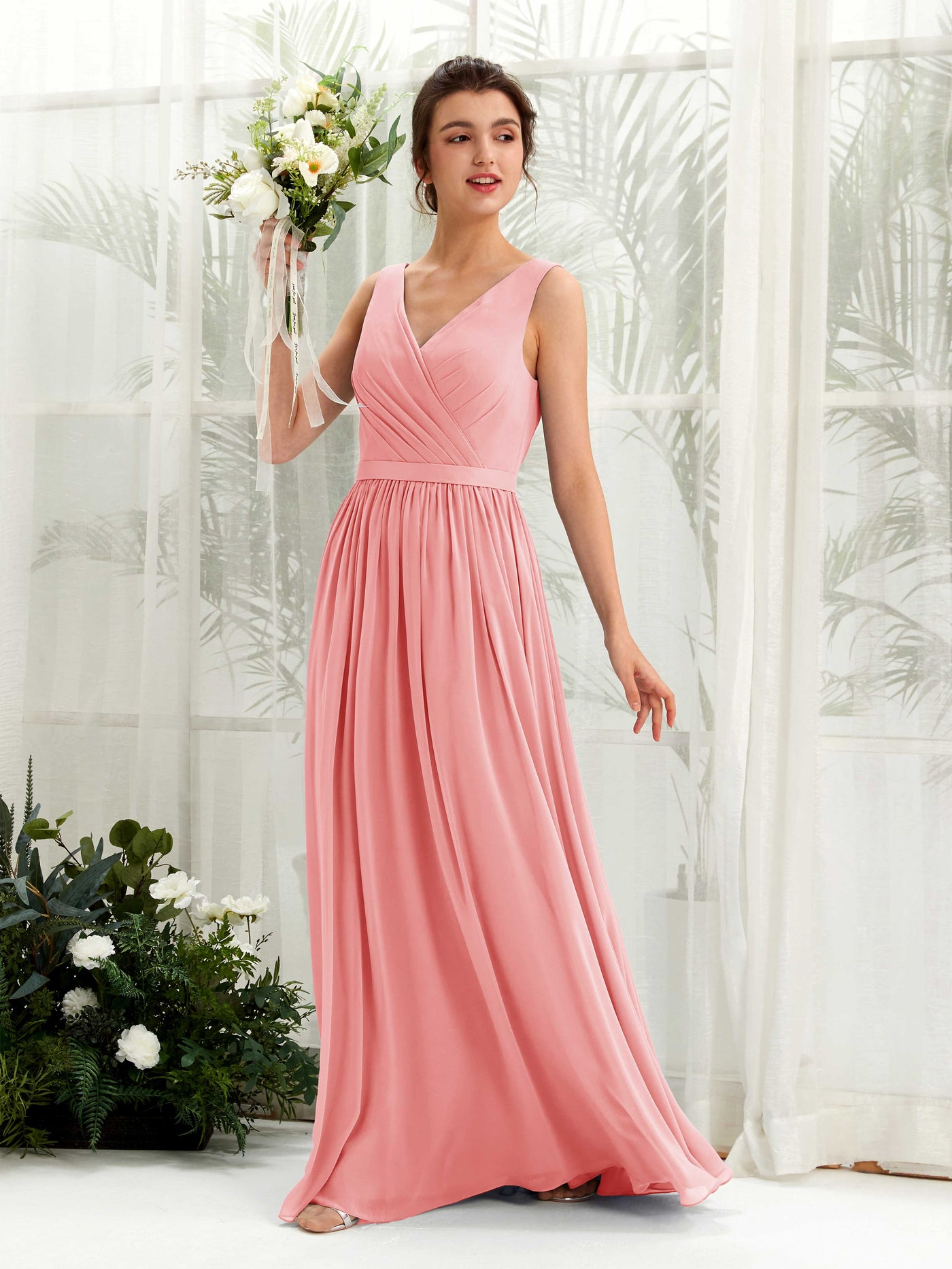 Ballet Pink Bridesmaid Dresses Bridesmaid Dress A-line Chiffon V-neck Full Length Sleeveless Wedding Party Dress (81223640)#color_ballet-pink