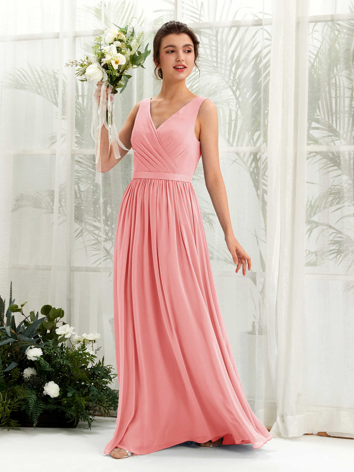 Ballet Pink Bridesmaid Dresses Bridesmaid Dress A-line Chiffon V-neck Full Length Sleeveless Wedding Party Dress (81223640)