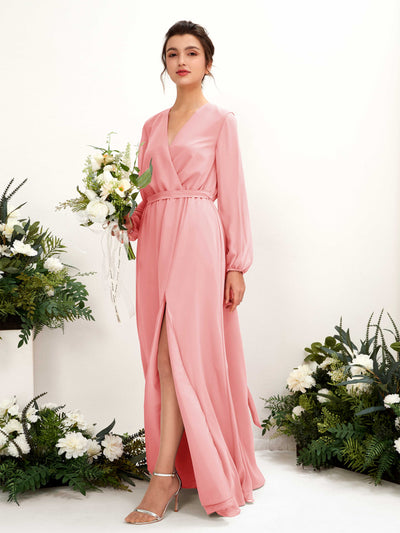Ballet Pink Bridesmaid Dresses Bridesmaid Dress A-line Chiffon V-neck Full Length Long Sleeves Wedding Party Dress (81223240)#color_ballet-pink