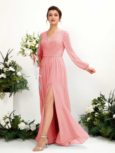 Ballet Pink Bridesmaid Dresses Bridesmaid Dress A-line Chiffon V-neck Full Length Long Sleeves Wedding Party Dress (81223840)#color_ballet-pink