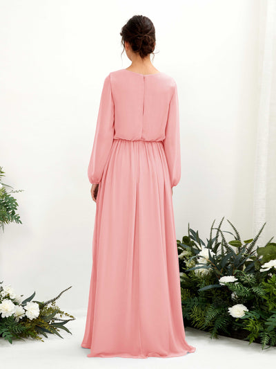Carlyna Ginny A-Line Ballet Pink Bridesmaid Dress Maxi Long Sleeve V-Neck Back View #color_ballet-pink