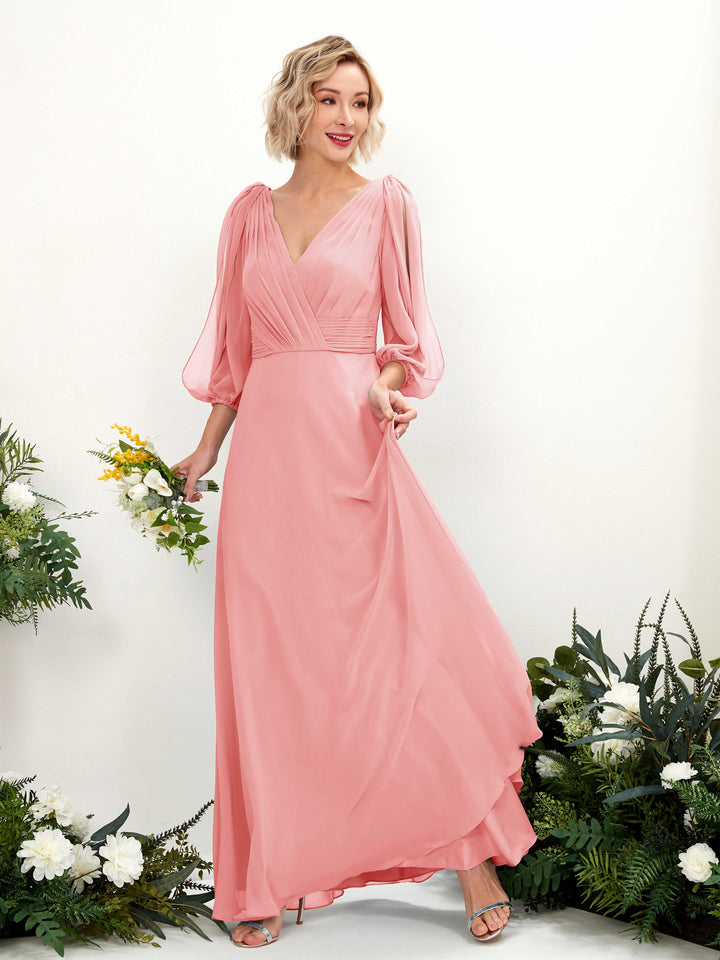 Ballet Pink Bridesmaid Dresses Bridesmaid Dress Chiffon V-neck Full Length Long Sleeves Wedding Party Dress (81223540)