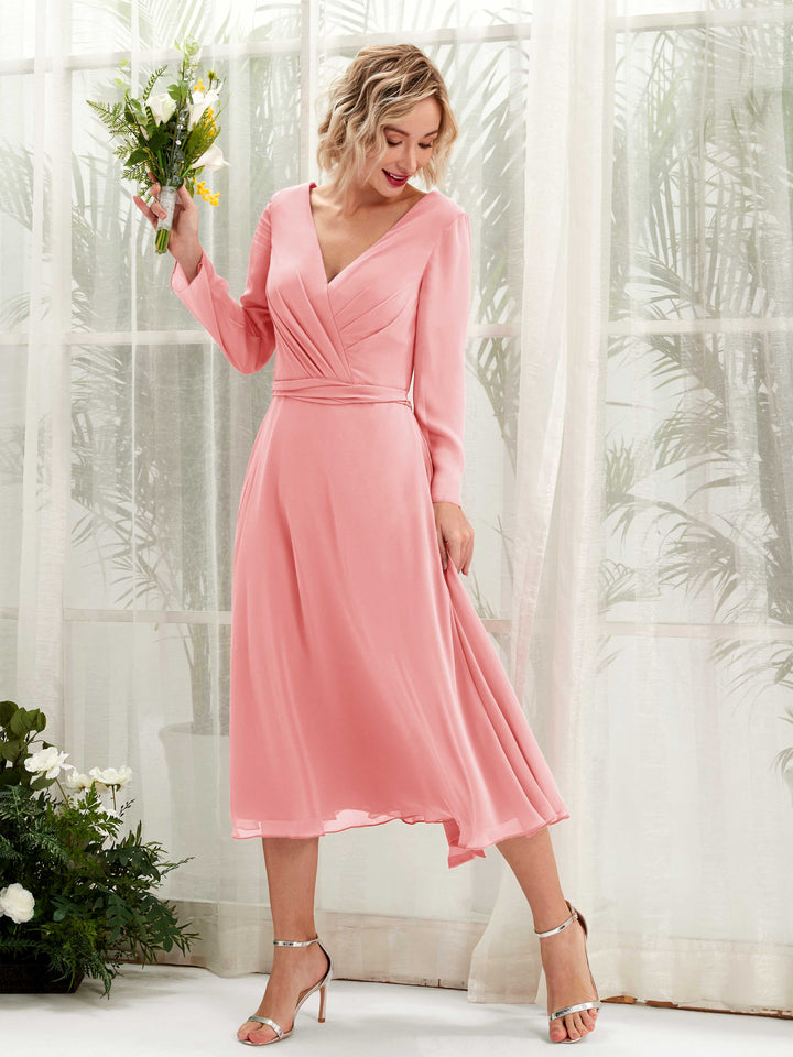 Ballet Pink Bridesmaid Dresses Bridesmaid Dress Chiffon V-neck Tea Length Long Sleeves Wedding Party Dress (81223340)