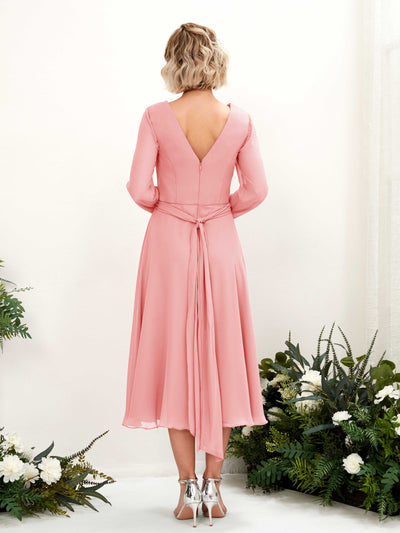 Carlyna Joanna A-Line Ballet Pink Bridesmaid Dress Midi Long Sleeve V-Neck Back View #color_ballet-pink