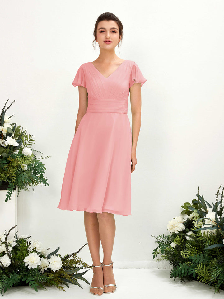 Ballet Pink Bridesmaid Dresses Bridesmaid Dress Chiffon V-neck Knee Length Short Sleeves Wedding Party Dress (81220240)