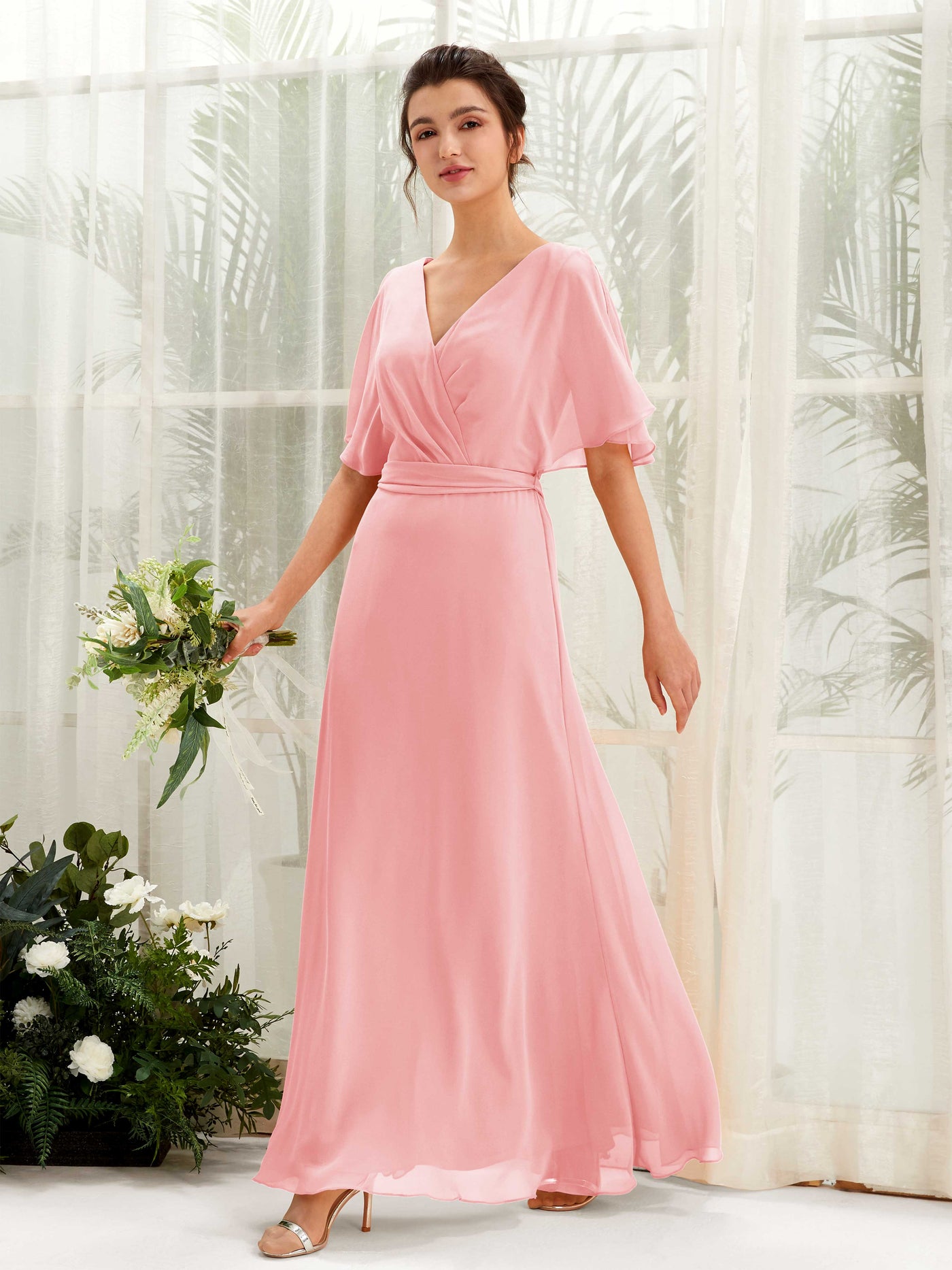 Ballet Pink Bridesmaid Dresses Bridesmaid Dress A-line Chiffon V-neck Full Length Short Sleeves Wedding Party Dress (81222440)#color_ballet-pink