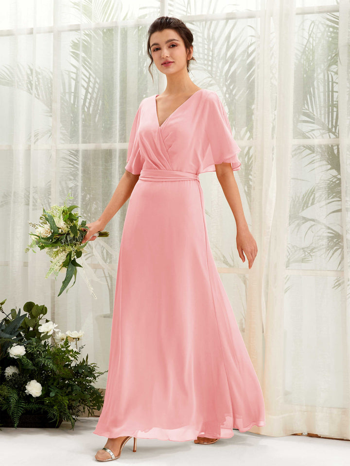 Ballet Pink Bridesmaid Dresses Bridesmaid Dress A-line Chiffon V-neck Full Length Short Sleeves Wedding Party Dress (81222440)