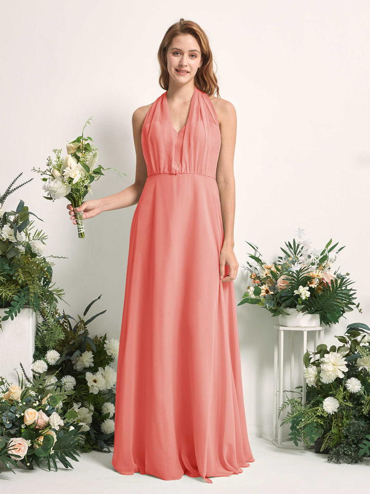 Peach Pink Bridesmaid Dresses Bridesmaid Dress A-line Chiffon Halter Full Length Short Sleeves Wedding Party Dress (81226329)