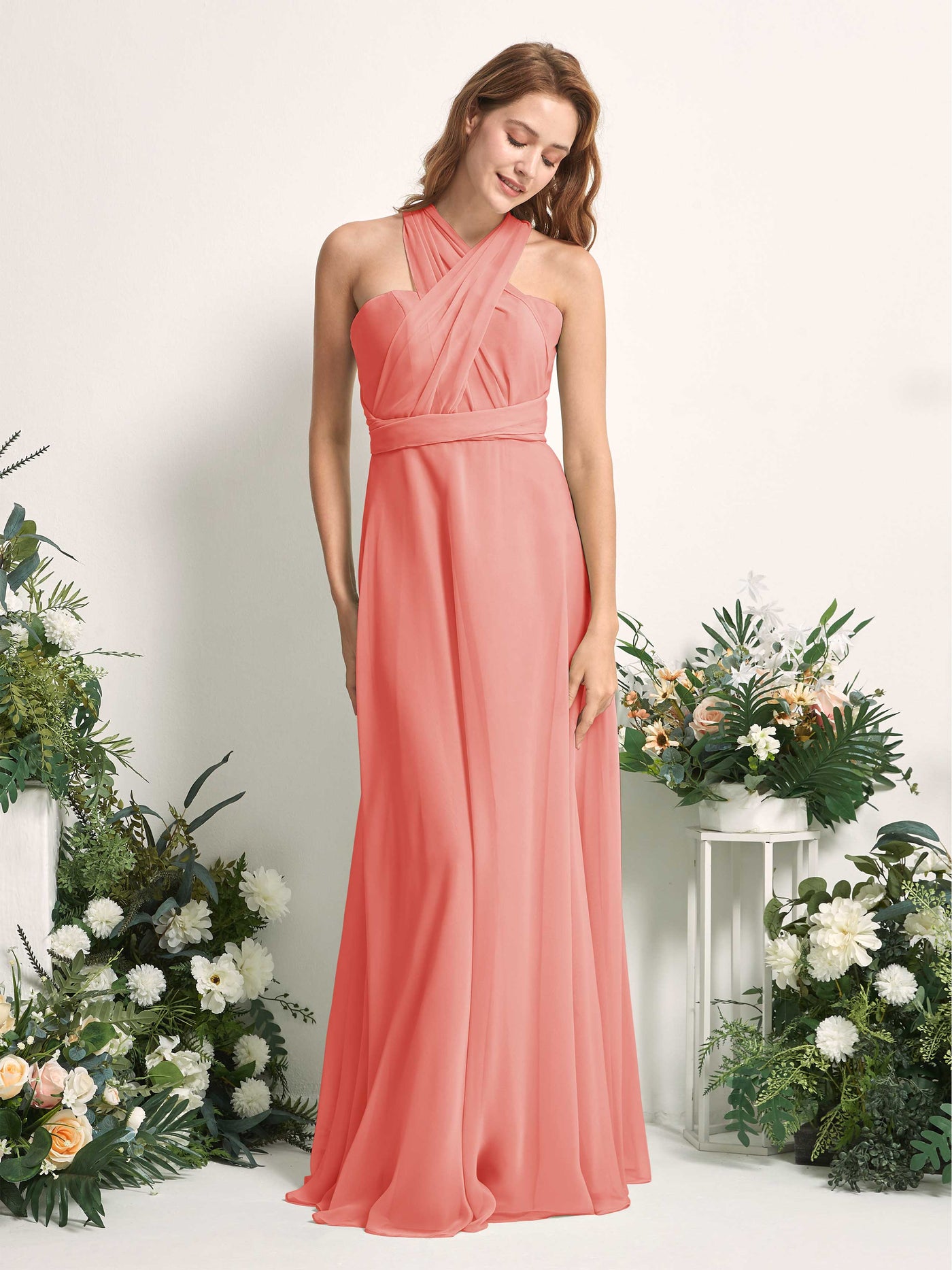 Peach Pink Bridesmaid Dresses Bridesmaid Dress A-line Chiffon Halter Full Length Short Sleeves Wedding Party Dress (81226329)#color_peach-pink
