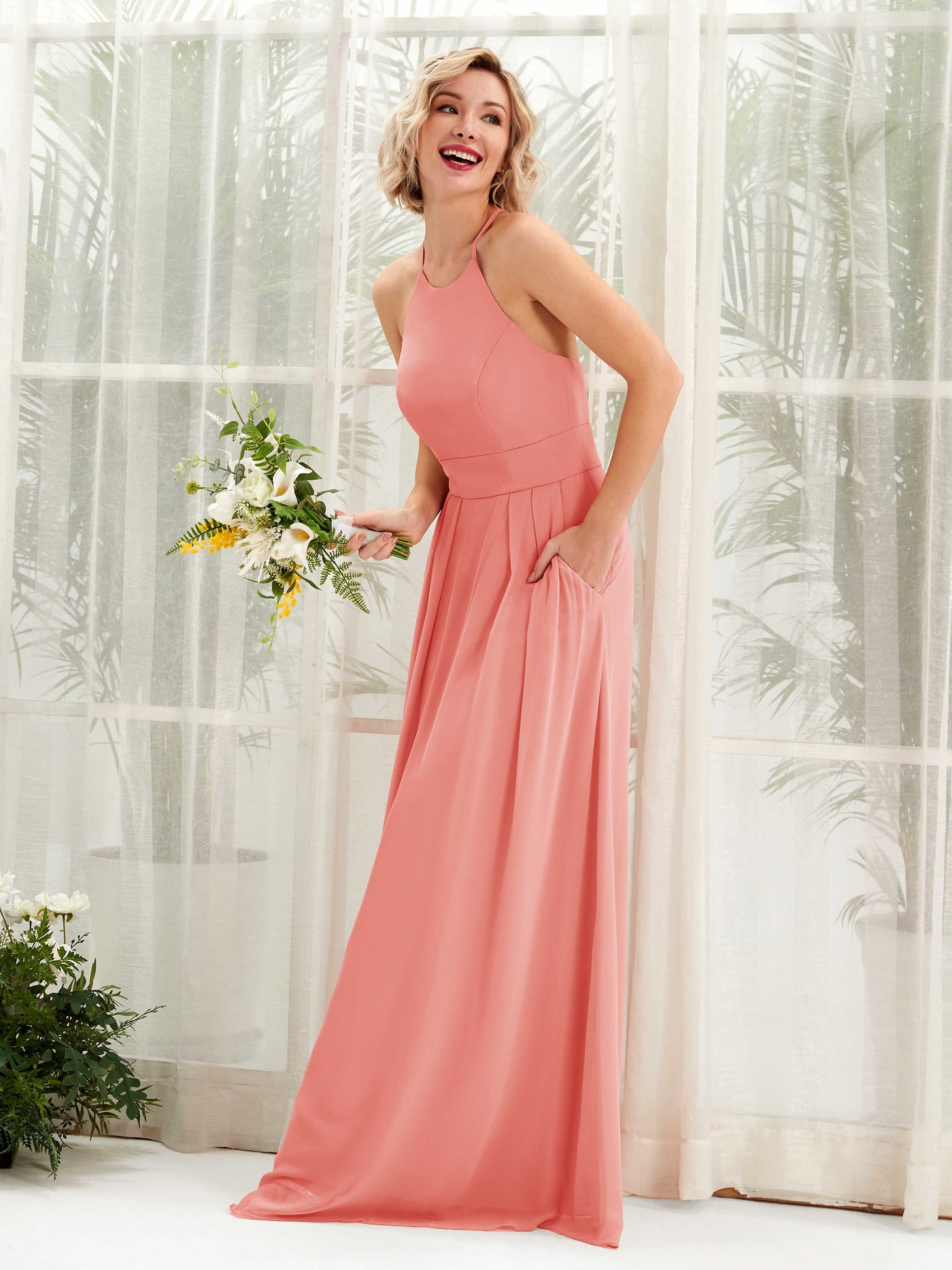 Peach Pink Bridesmaid Dresses Bridesmaid Dress A-line Chiffon Halter Full Length Sleeveless Wedding Party Dress (81225229)#color_peach-pink
