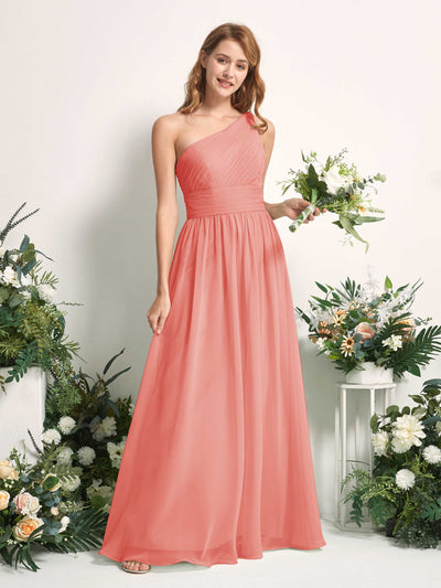 Carlyna Pandora A-Line Peach Pink Bridesmaid Dress Maxi Sleeveless One Shoulder Dress Front View #color_peach-pink