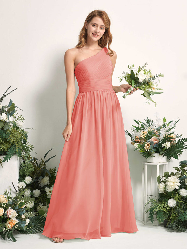 Bridesmaid Dress A-line Chiffon One Shoulder Full Length Sleeveless Wedding Party Dress - Peach Pink (81226729)