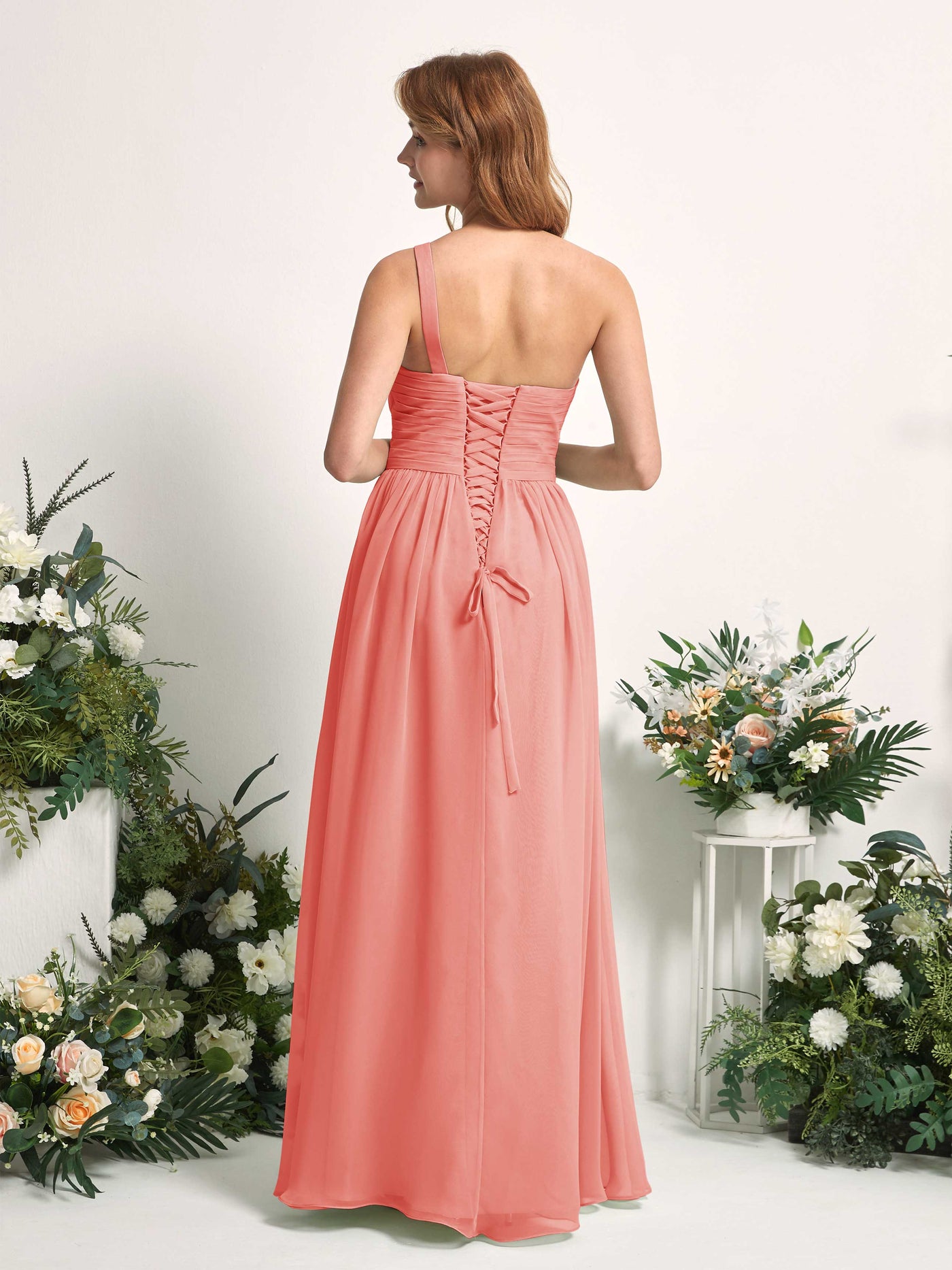 Bridesmaid Dress A-line Chiffon One Shoulder Full Length Sleeveless Wedding Party Dress - Peach Pink (81226729)#color_peach-pink