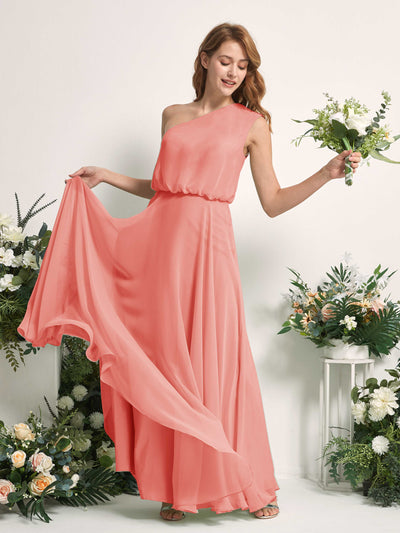 Carlyna Cecily A-Line Peach Pink Bridesmaid Dress Maxi Sleeveless One Shoulder Dress Side View 2 #color_peach-pink