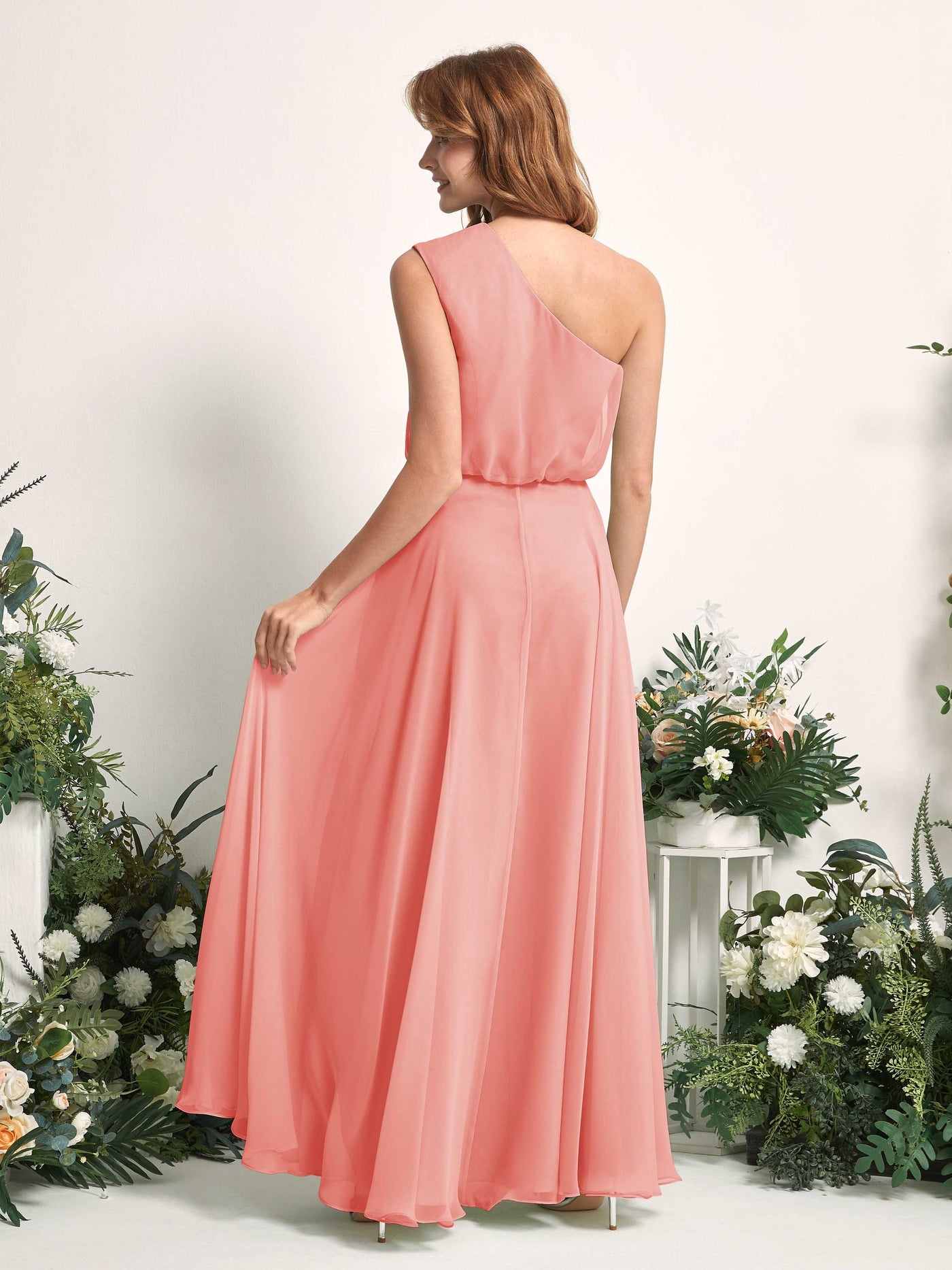 Bridesmaid Dress A-line Chiffon One Shoulder Full Length Sleeveless Wedding Party Dress - Peach Pink (81226829)#color_peach-pink