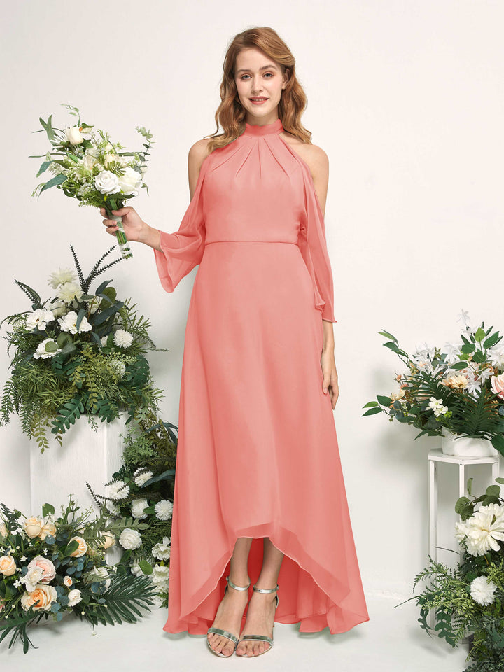 Bridesmaid Dress A-line Chiffon Halter High Low 3/4 Sleeves Wedding Party Dress - Peach Pink (81227629)