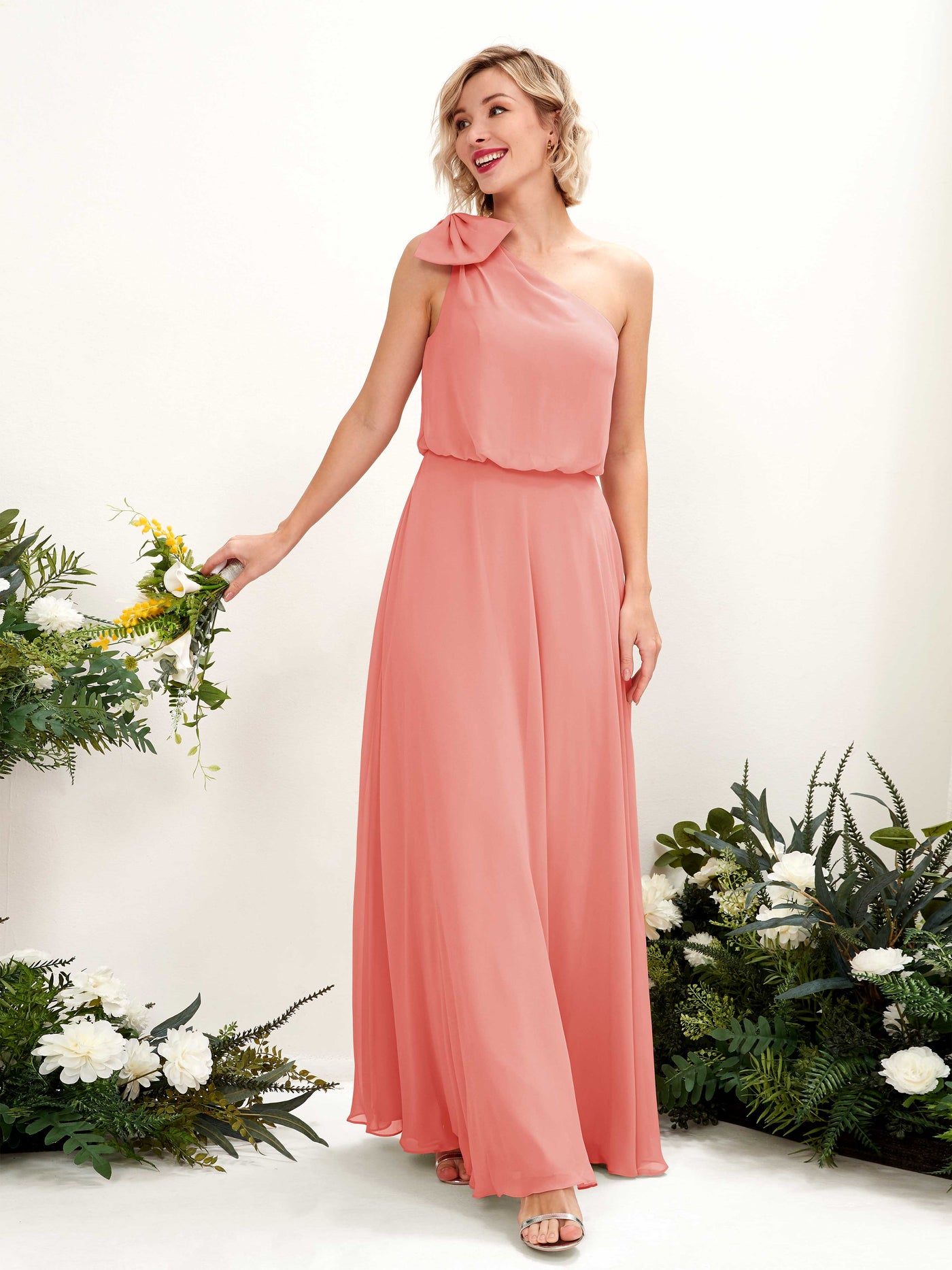Peach Pink Bridesmaid Dresses Bridesmaid Dress A-line Chiffon One Shoulder Full Length Sleeveless Wedding Party Dress (81225529)#color_peach-pink