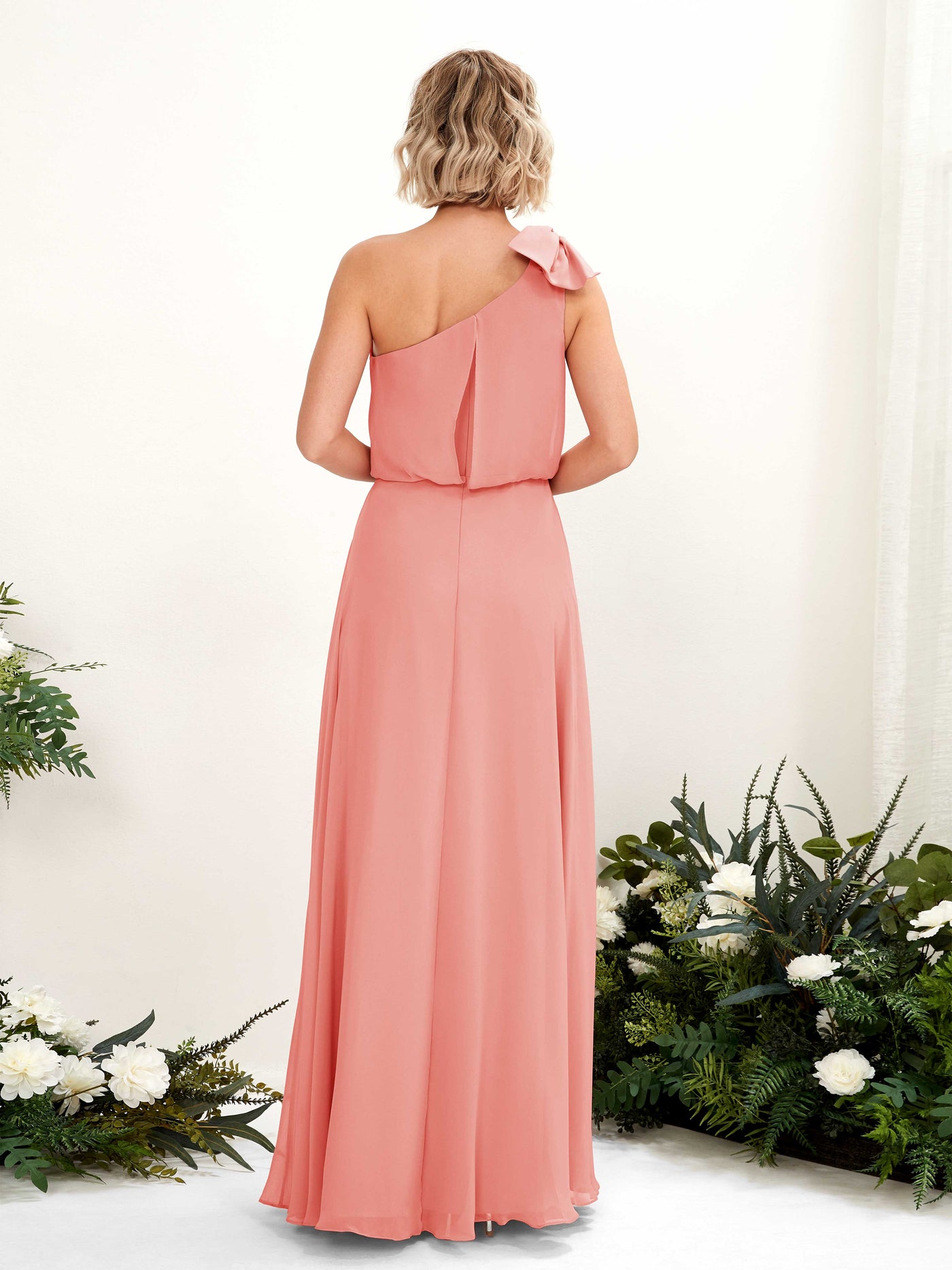 Peach Pink Bridesmaid Dresses Bridesmaid Dress A-line Chiffon One Shoulder Full Length Sleeveless Wedding Party Dress (81225529)#color_peach-pink