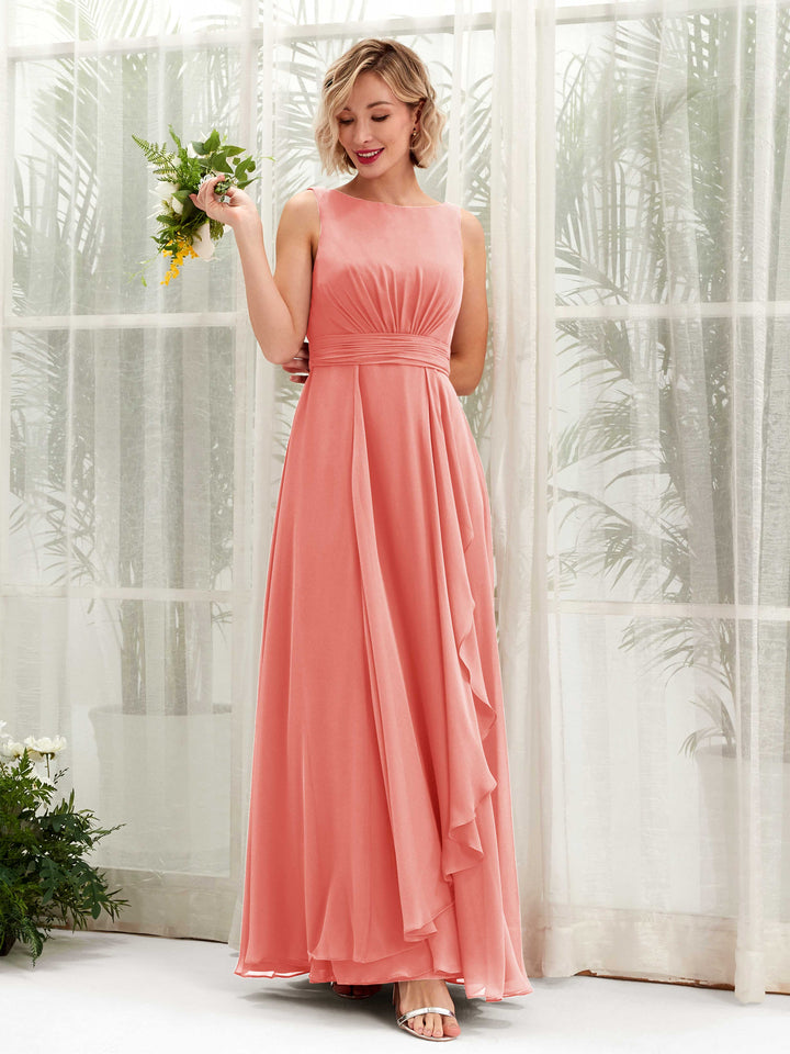 Peach Pink Bridesmaid Dresses Bridesmaid Dress A-line Chiffon Bateau Full Length Sleeveless Wedding Party Dress (81225829)