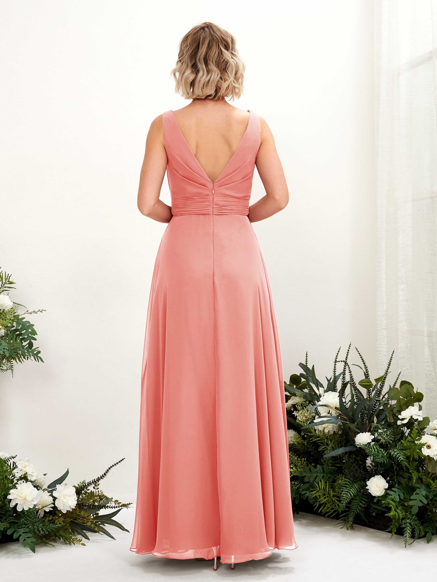 Peach Pink Bridesmaid Dresses Bridesmaid Dress A-line Chiffon Bateau Full Length Sleeveless Wedding Party Dress (81225829)#color_peach-pink