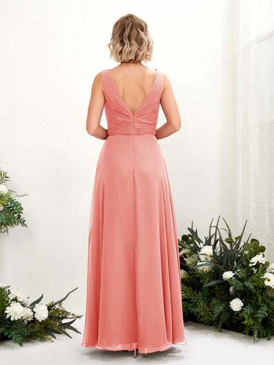 Carlyna Brianna A-Line Peach Pink Bridesmaid Dress Maxi Sleeveless Boat Neck Dress Back View #color_peach-pink