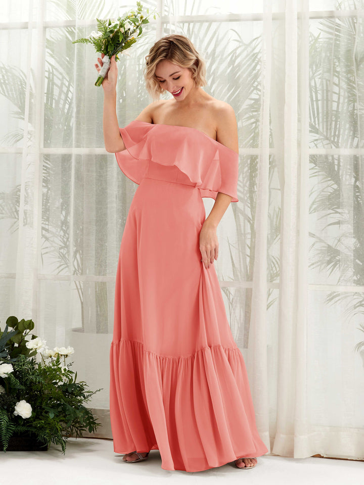 Peach Pink Bridesmaid Dresses Bridesmaid Dress A-line Chiffon Off Shoulder Full Length Sleeveless Wedding Party Dress (81224529)