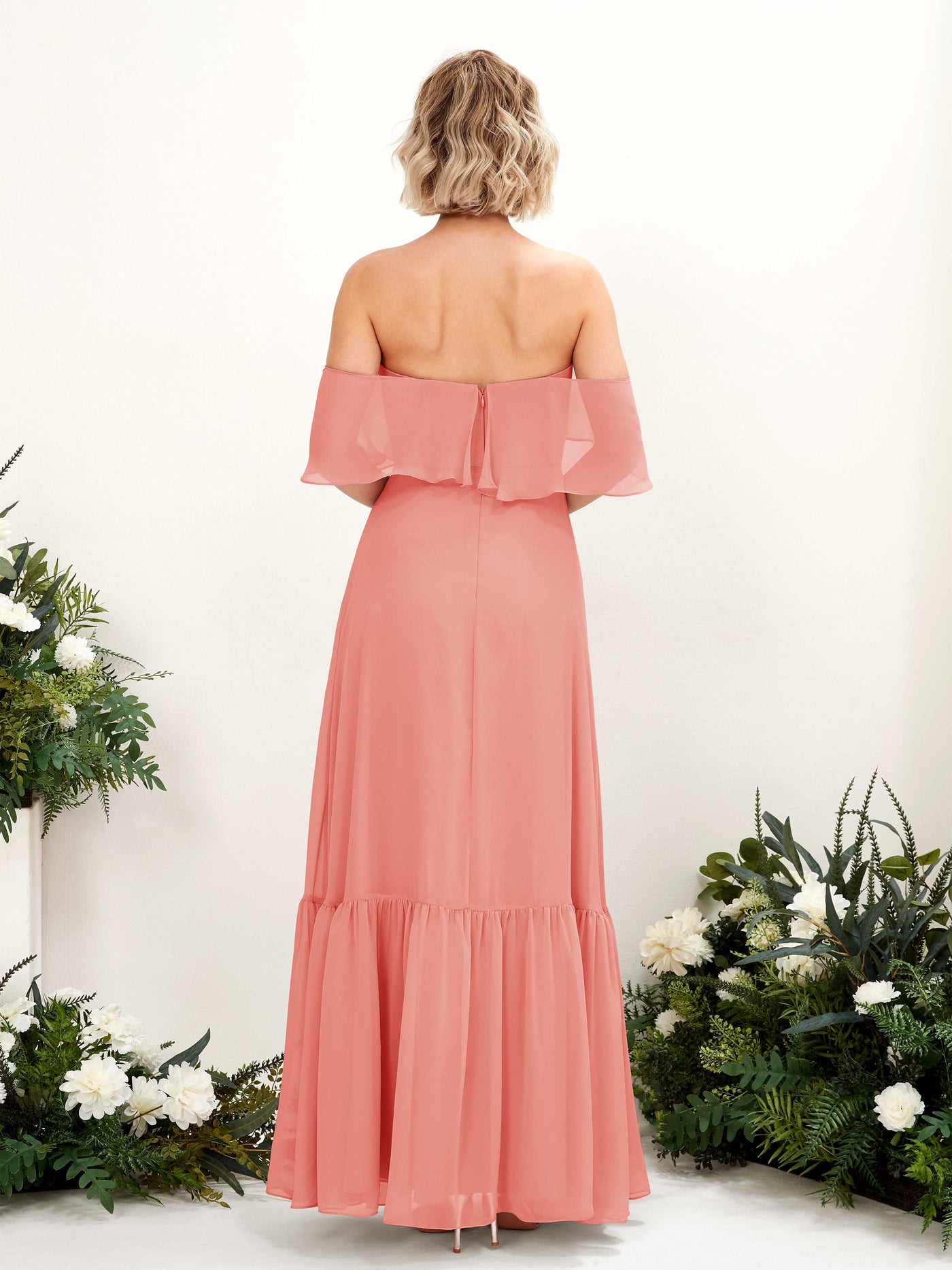 Peach Pink Bridesmaid Dresses Bridesmaid Dress A-line Chiffon Off Shoulder Full Length Sleeveless Wedding Party Dress (81224529)#color_peach-pink