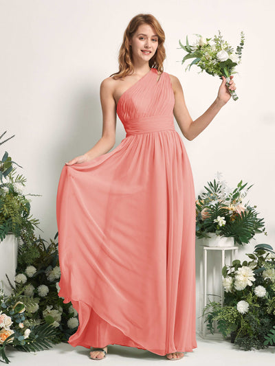 Carlyna Evelyn A-Line Peach Pink Bridesmaid Dress Maxi Sleeveless One Shoulder Dress Front View #color_peach-pink