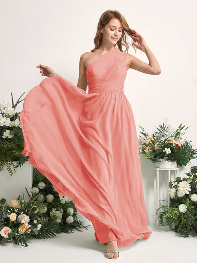 Carlyna Evelyn A-Line Peach Pink Bridesmaid Dress Maxi Sleeveless One Shoulder Dress Side View 2 #color_peach-pink