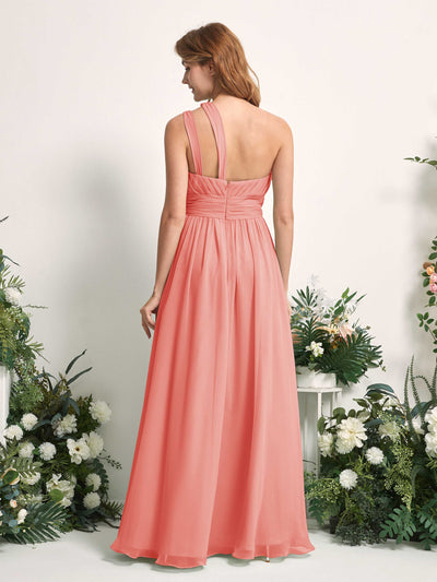 Carlyna Evelyn A-Line Peach Pink Bridesmaid Dress Maxi Sleeveless One Shoulder Dress Back View #color_peach-pink