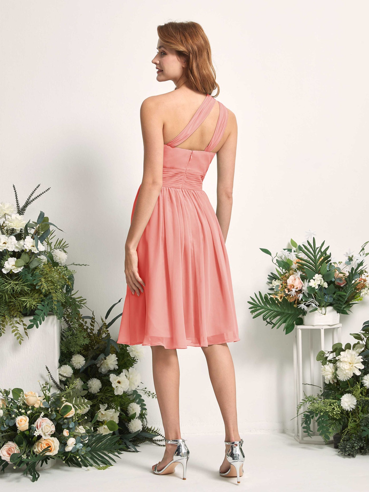 Bridesmaid Dress A-line Chiffon One Shoulder Knee Length Sleeveless Wedding Party Dress - Peach Pink (81221229)#color_peach-pink