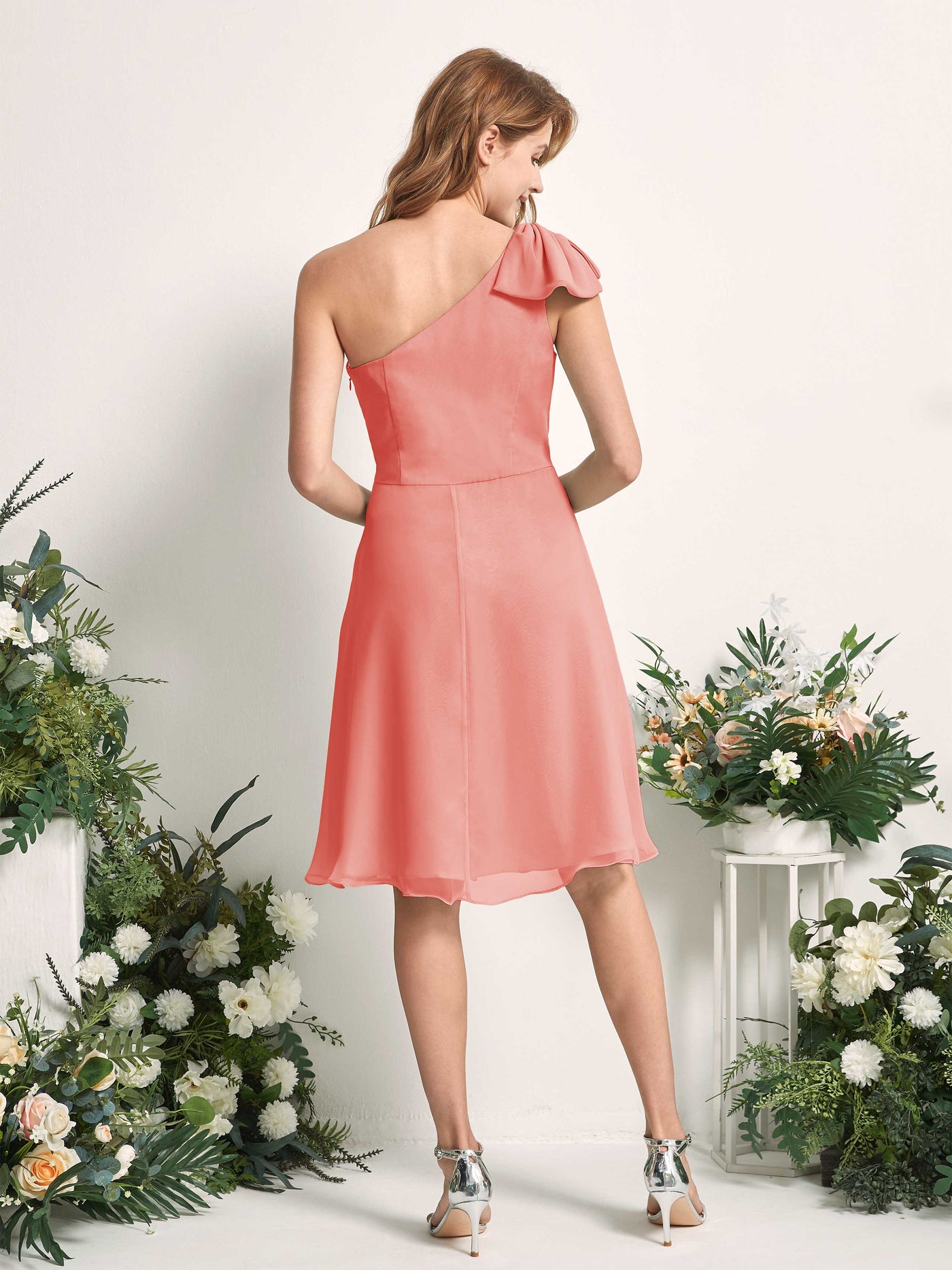 Bridesmaid Dress A-line Chiffon One Shoulder Knee Length Sleeveless Wedding Party Dress - Peach Pink (81227029)#color_peach-pink