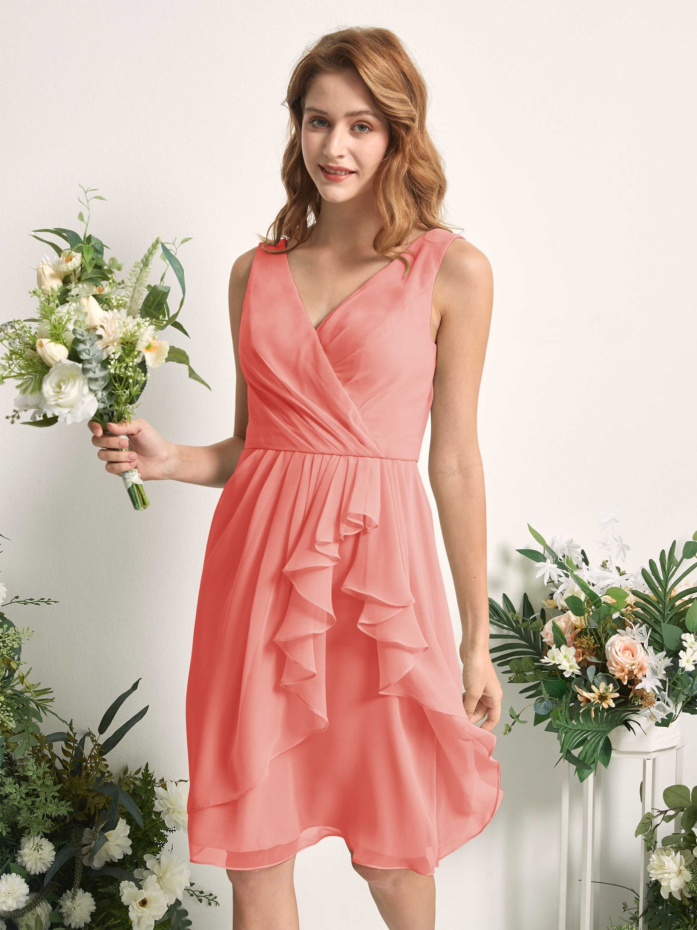 Bridesmaid Dress A-line Chiffon Straps Knee Length Sleeveless Wedding Party Dress - Peach Pink (81226629)#color_peach-pink