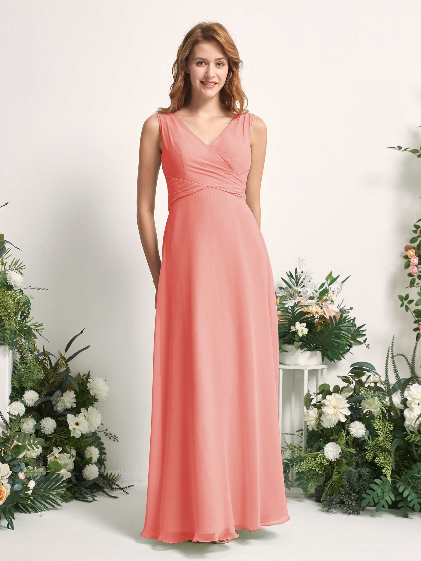 Bridesmaid Dress A-line Chiffon Straps Full Length Sleeveless Wedding Party Dress - Peach Pink (81227329)#color_peach-pink
