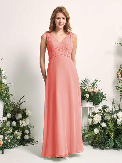 Carlyna June A-Line Peach Pink Bridesmaid Dress Maxi Sleeveless V-Neck Dress Front View #color_peach-pink