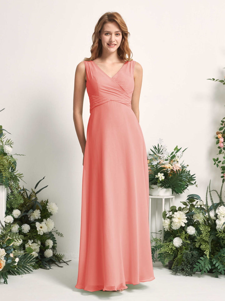 Bridesmaid Dress A-line Chiffon Straps Full Length Sleeveless Wedding Party Dress - Peach Pink (81227329)