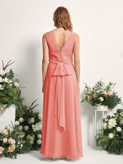 Carlyna June A-Line Peach Pink Bridesmaid Dress Maxi Sleeveless V-Neck Dress Back View #color_peach-pink
