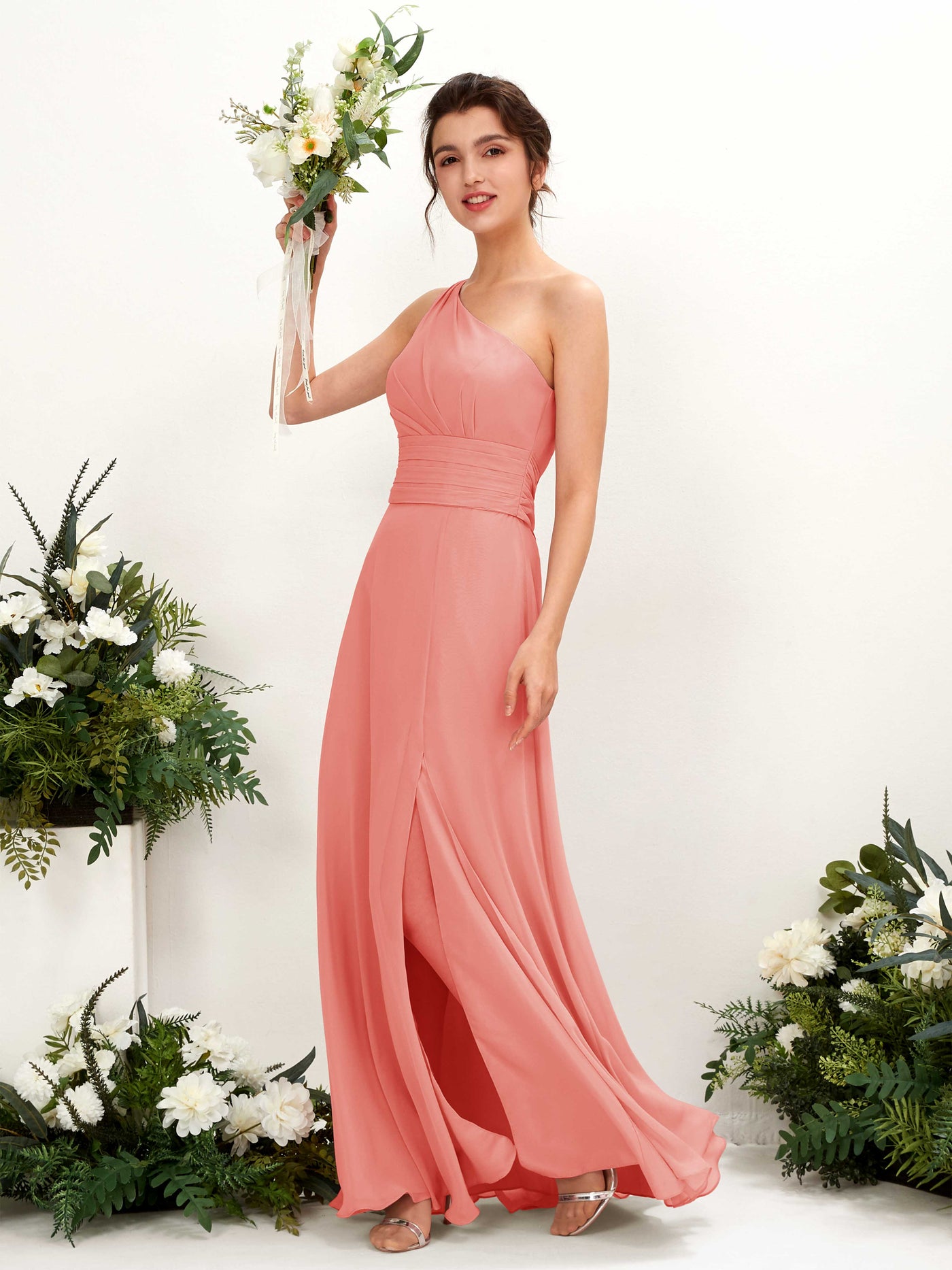 Peach Pink Bridesmaid Dresses Bridesmaid Dress A-line Chiffon One Shoulder Full Length Sleeveless Wedding Party Dress (81224729)#color_peach-pink